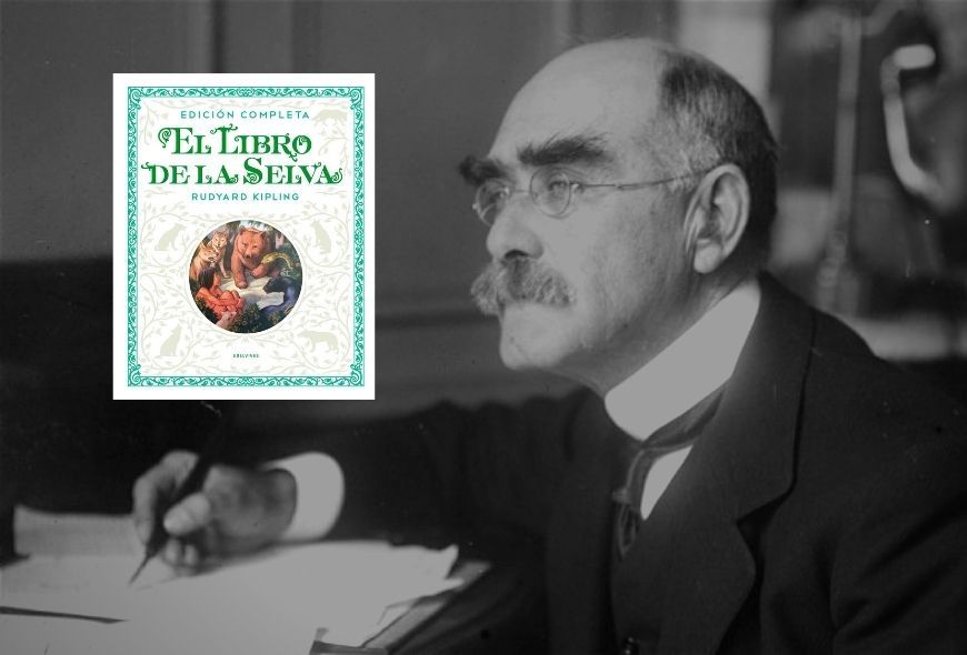 Rudyard Kipling con portada libro de la selva